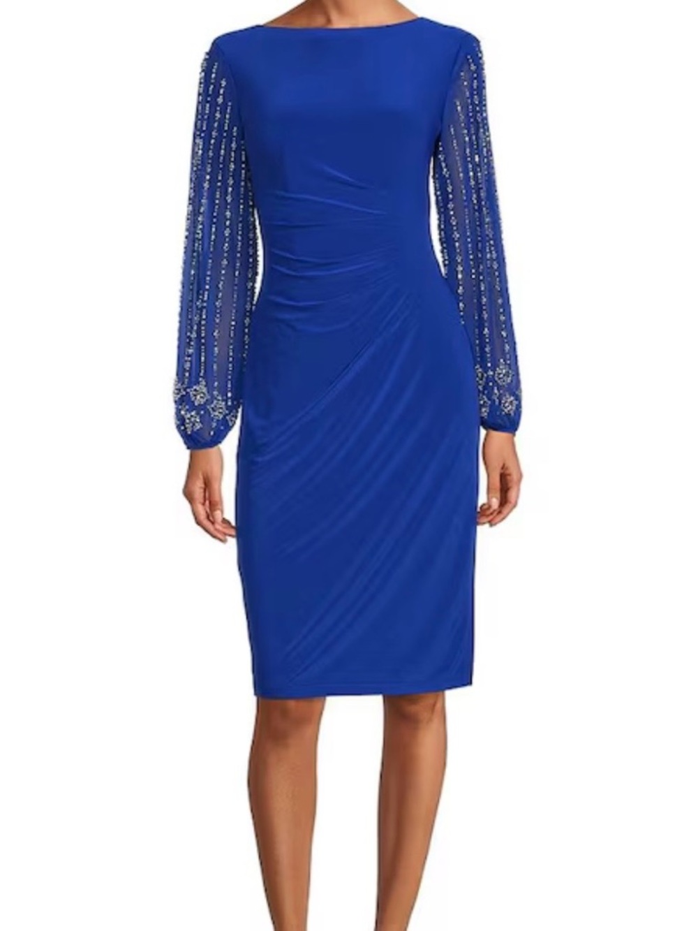 Marina Round Neck Beaded Lace Long Sleeve Side Drape Sheath Dress Cobalt 
Size12